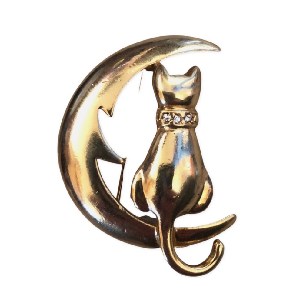 Vintage Moon and Cat Gold Tone Brooch